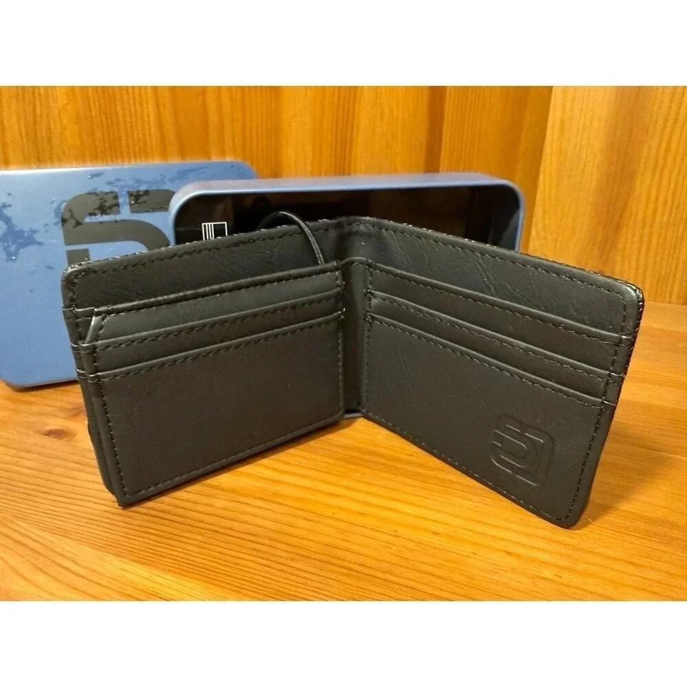 Distortion Men's Black Bifold Wallet Textured Embossed‎ Wallet Gift Tin